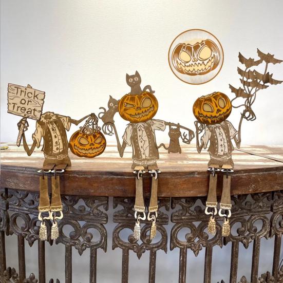 

Articulated Pumpkin Man Halloween Decoration Spooky Wooden Pumpkin Skeleton Tabletop Ornament for DIY Home Office Decor C
