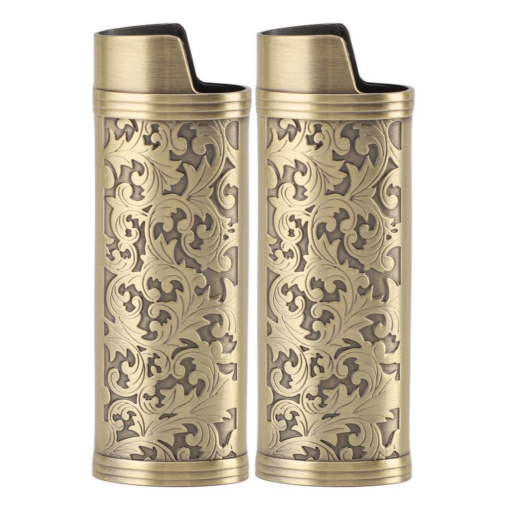 2 Pcs Lighter Case Zinc Alloy Vintage Floral Stamped Classical Elegant Lighter Sleeve Cover Gold