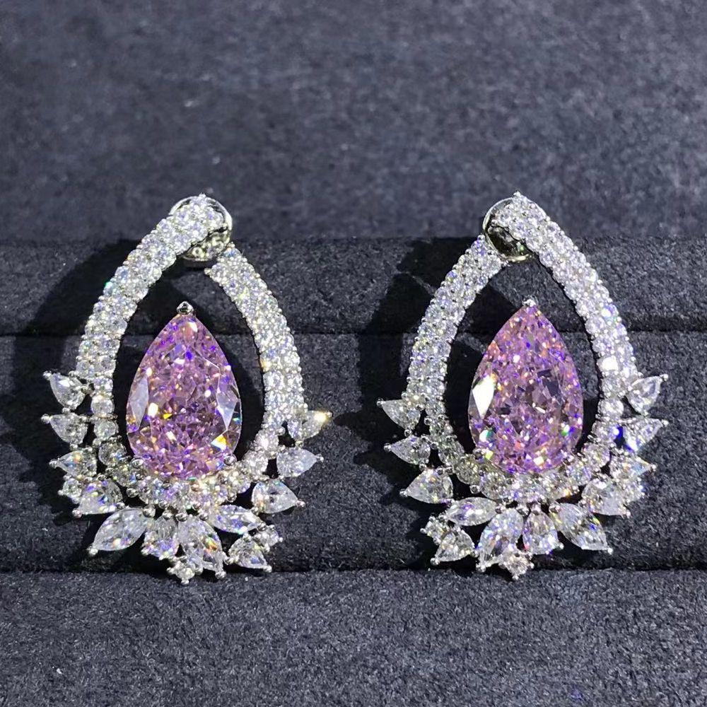 925 Sterling Silver Water Drop 4ct Pink Sapphire Synthetic Moissanite Stud Earrings For Women Creative Gift