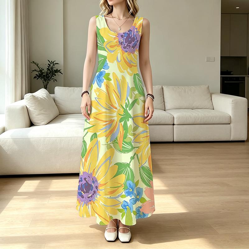 Women's Beach Maxi Dress,Floral Collection Lightweight,Full Flowy Skirt,Vibrant Colors,Versatile for Travel Photoshoots & Casual Daily Outings