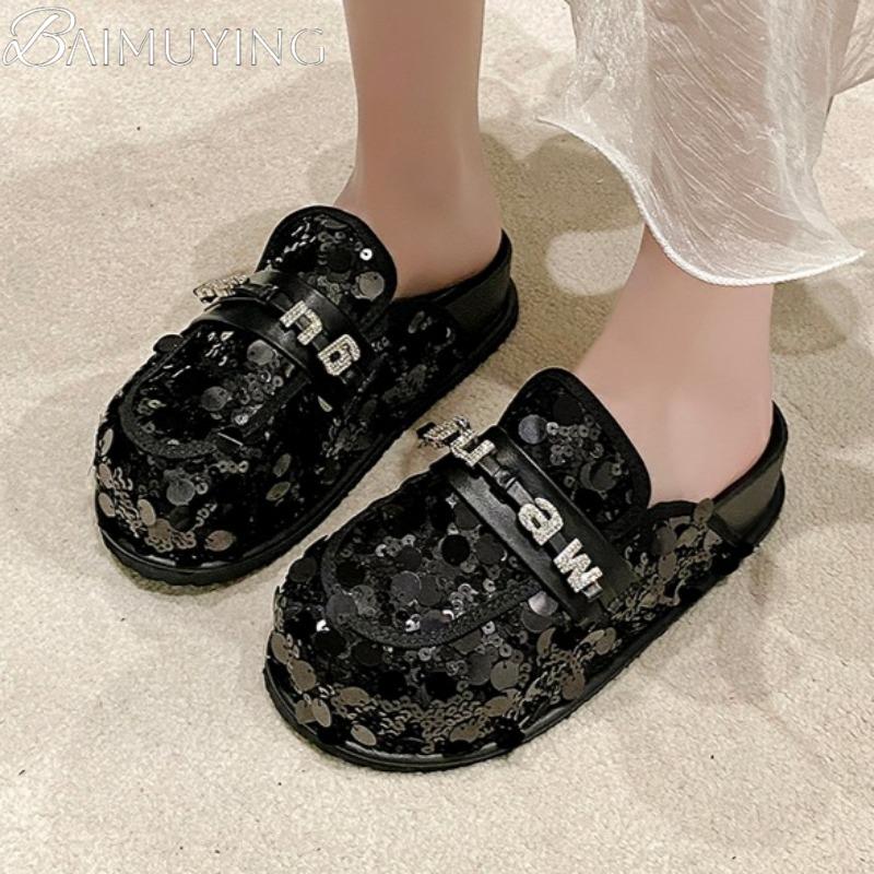 Bling Platform Mules Slippers Women Flat Sandals Casual Loafers Shoes Woman 2025 Trend Comfort Elegant Dress Summer Slides Mujer