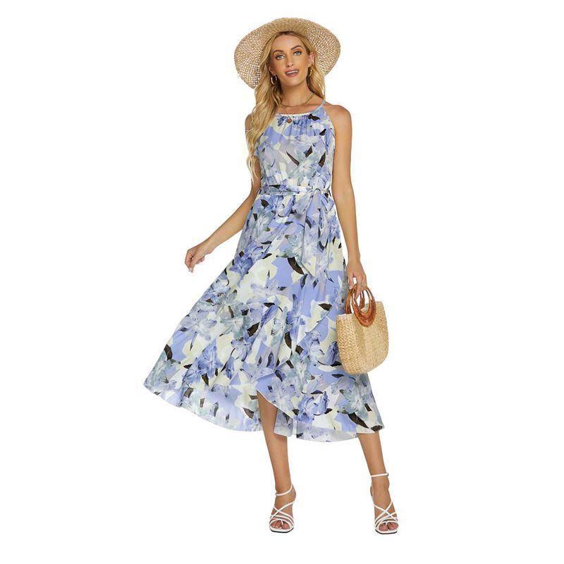 

off-Shoulder Dress Sweet Color Irregular Halter Blue L
