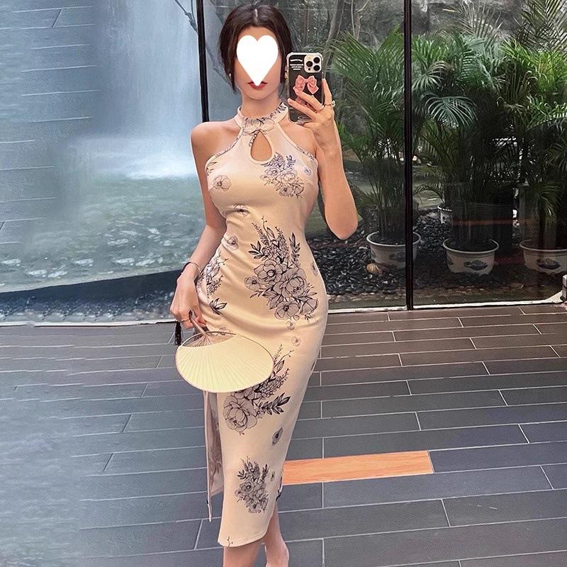 Improved cheongsam, young temperament, retro printing, daily wear, medium and long sexy hip-wrapped dress, summer