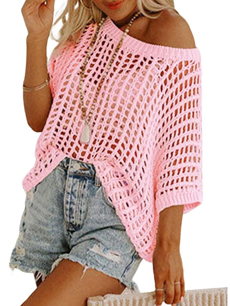 2025 Summer Women's Five-Sleeve Sexy Cutout Knit Beach Cover-Up Sweater