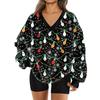 Women's Fashionable V-neck Christmas Printed Long Sleeved Casual Pullover Plush Warm Pocket Sweatshirt Top