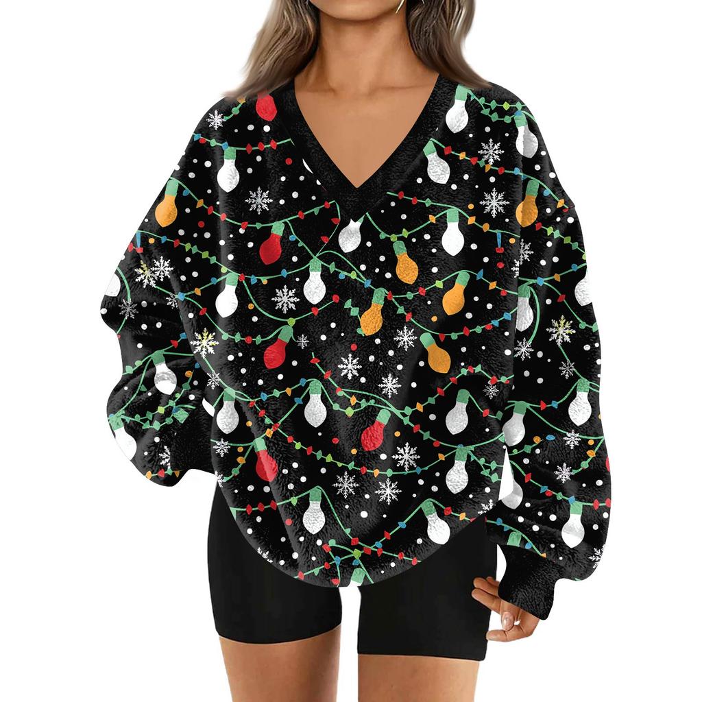 Women's Fashionable V-neck Christmas Printed Long Sleeved Casual Pullover Plush Warm Pocket Sweatshirt Top