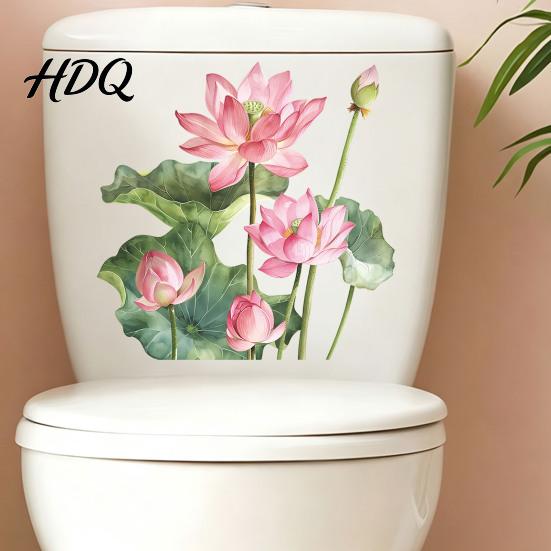 Lotus Leaf Decals Flower Toilet Sticker Peel and Stick Bathroom Decor Decal Removable Waterproof Lid Wall Sticker Water Resistant