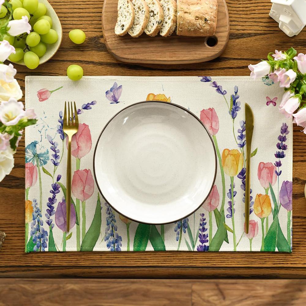 Lavender Tulip Spring Placemats for Dining Table, 30x45cm Summer Seasonal Holiday Decoration Rustic Vintage Washable Table Mats