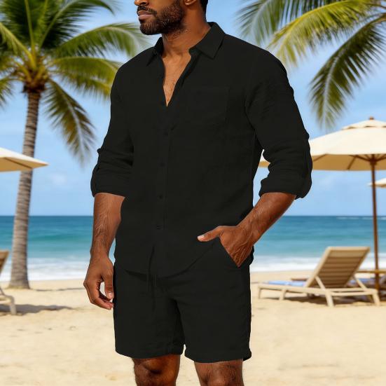 Men Long Sleeve Shirt Turndown Collar Button-Down Shirt Loose Fit Solid Color Shirt for Summer Beach Vacation Travel