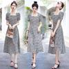 Chic French Floral Print Knee-Length A-Line Dress for Women: Summer Tea Style with Waist-Cinch and Slit Detail