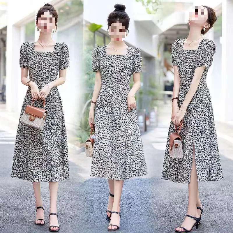 Chic French Floral Print Knee-Length A-Line Dress for Women: Summer Tea Style with Waist-Cinch and Slit Detail