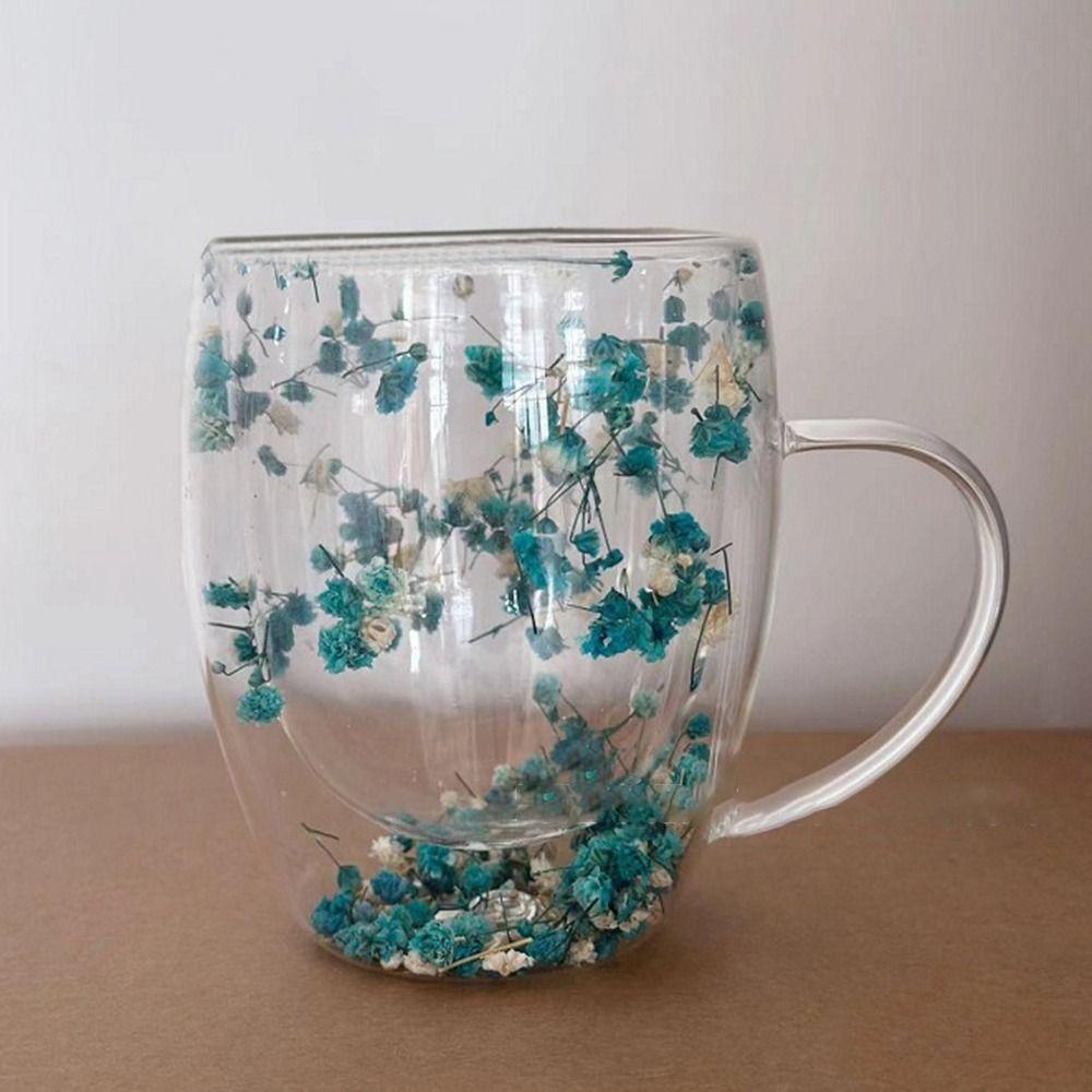 Heat Resistant Dried Flowers Glass Mugs 350ml Flower Cup Simple Coffee Mug  Home&Office