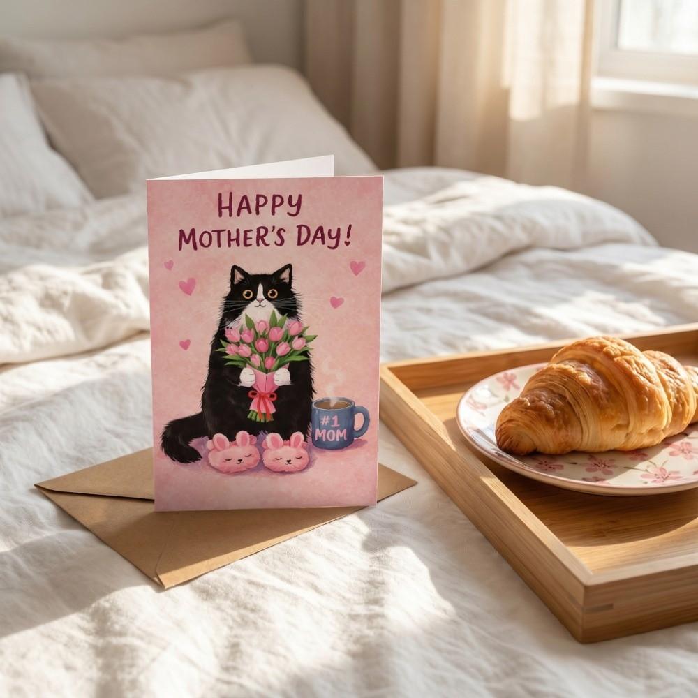 Cats Holding Pink Tulips Mother's Day Greeting Card Blessing Message Whimsical Card  Wedding Decor
