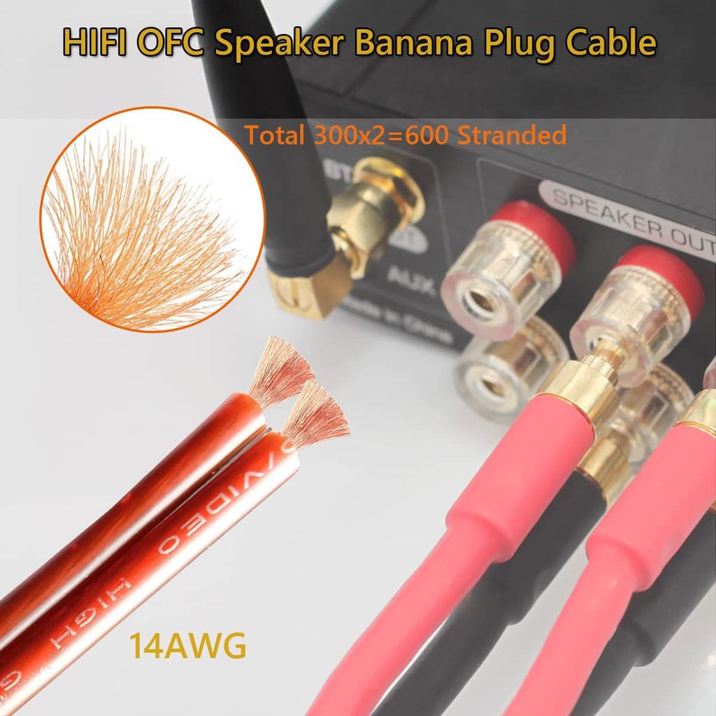 UCINNOVATE High End Pure Copper HIFI OFC Speaker Wire Cable with Banana Plug 2m Gold Plated Banana Tip Plug Male To Male 600 Strands 14AWG for Audio