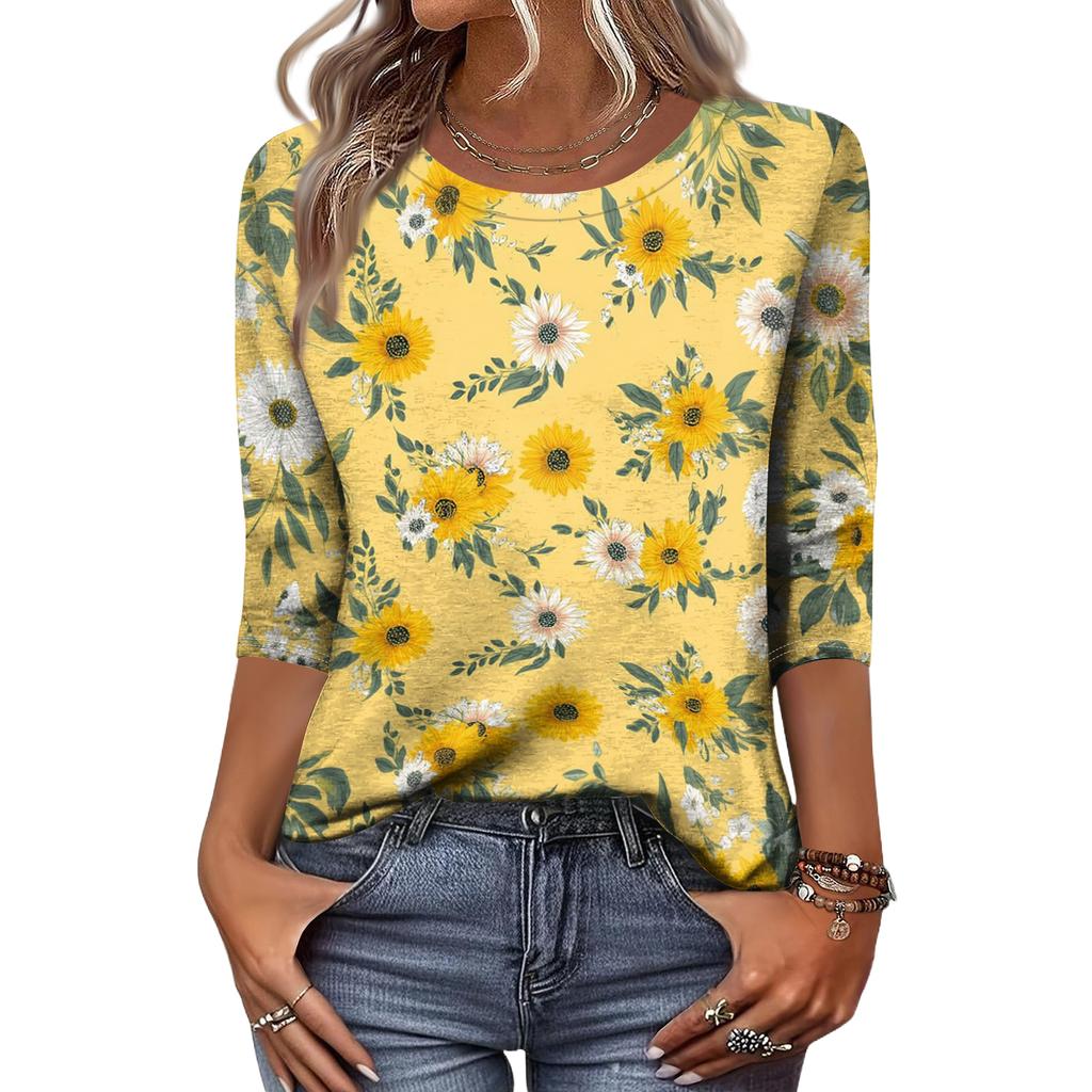 Women's Fashion Casual Round Neck 3/4 Sleeve Loose Printed T-Shirt Ladies Top
