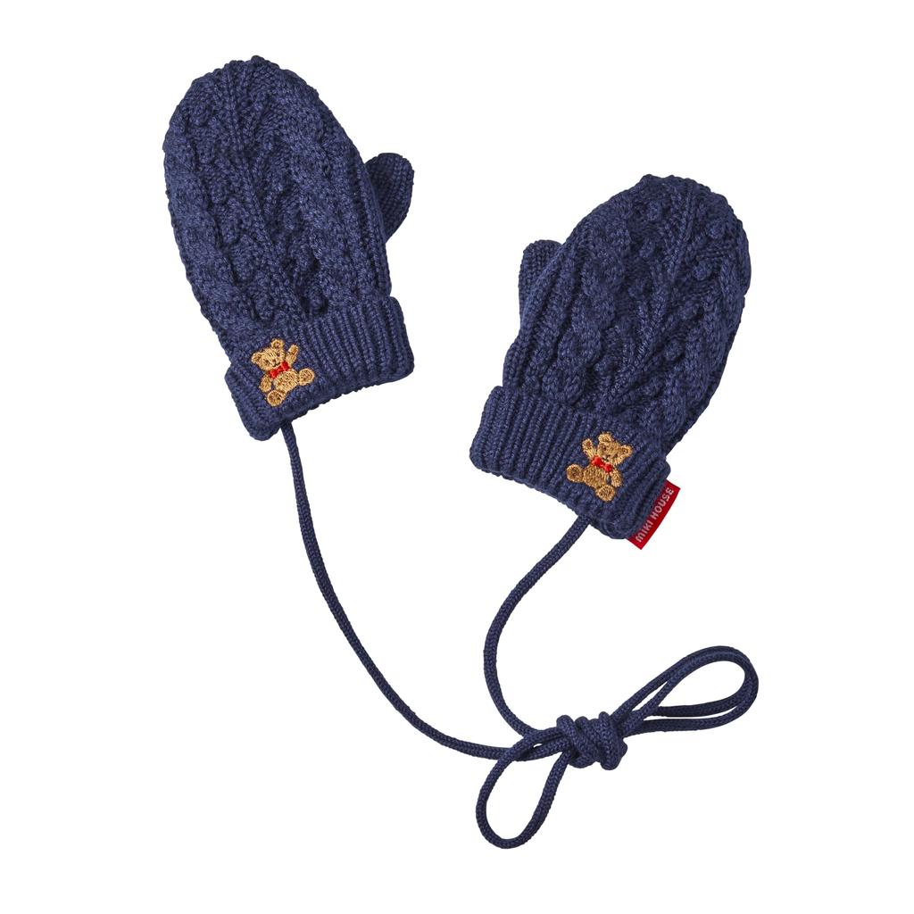 MIKI HOUSE Knitted Mittens with Bear Solid Cable Made In for Boys and Size M Navy Drawstring, Design, Color, Knit, Japan, Girls, Baby, Kids,