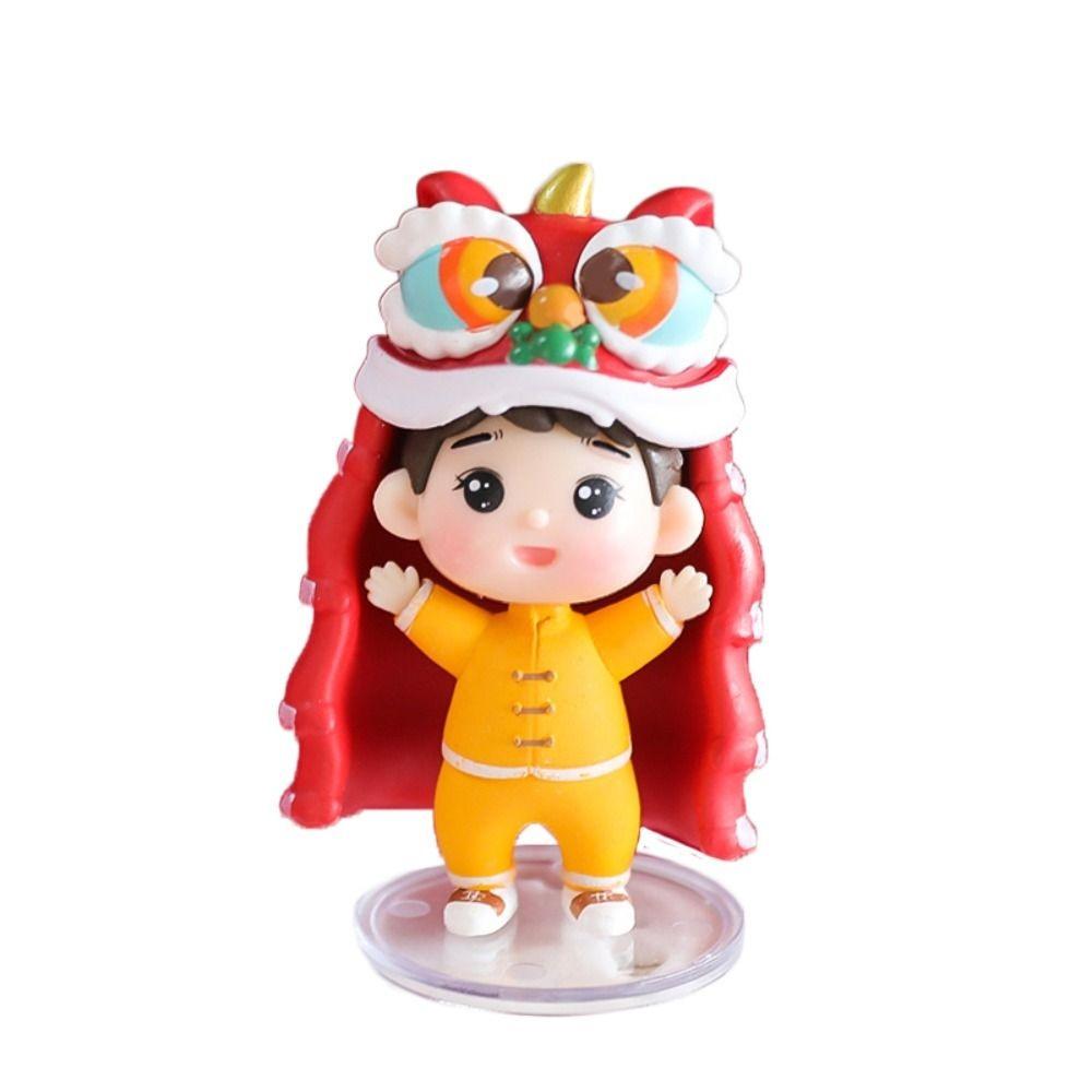 

Статуэтка мальчика, танцующего льва, мальчик и девочка в китайском стиле, украшение на красный торт на китайский Новый год, весенний фестиваль, фигурки, миниатюры