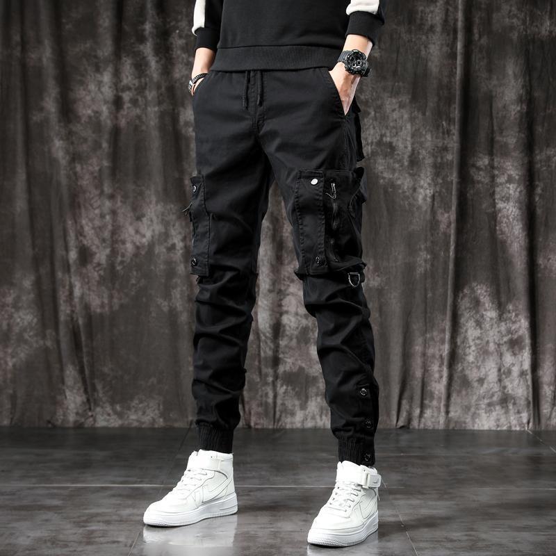 2024 Men's Slim Fit Tapered Leg Multi-Pocket Black Fashion Overalls