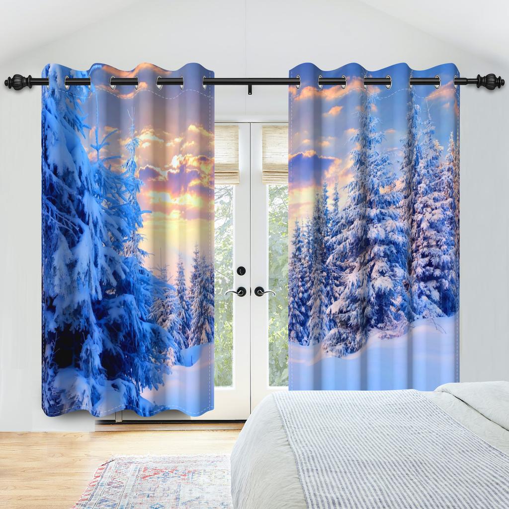 Winter Snow Scenery Blackout Curtains Snowman Pine Forest Pattern Bedroom Living Room Darkening Noise-reducing Window Curtain