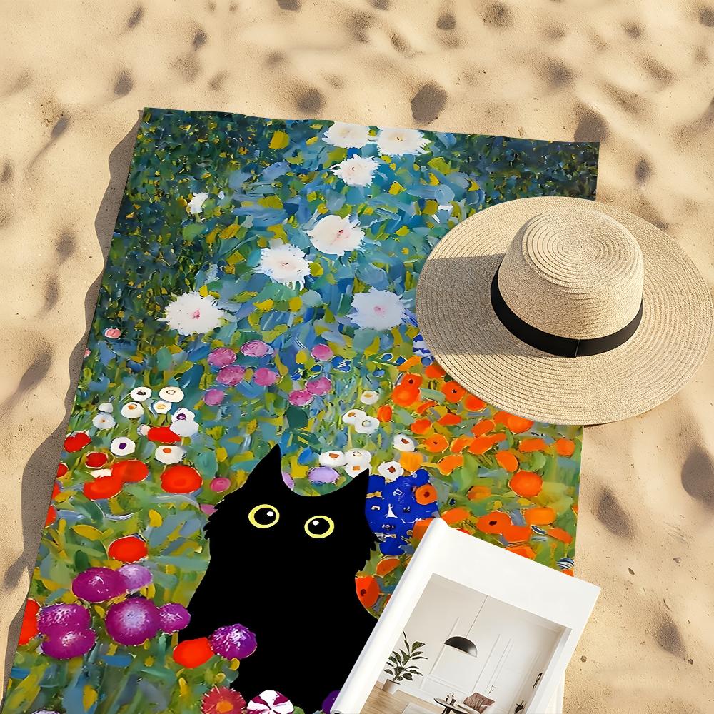 Art Black Cat In Flowers Garden Towel Soft Pool Gift For Travel Gym Shower Camping Quick Dry Sports Large Beach Towels