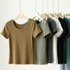 Camiseta feminina gola em U manga curta solta cor sólida top