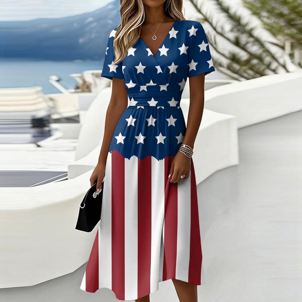 Women's Independence Day Print Casual Fashion Short Sleeve V-Neck Dress