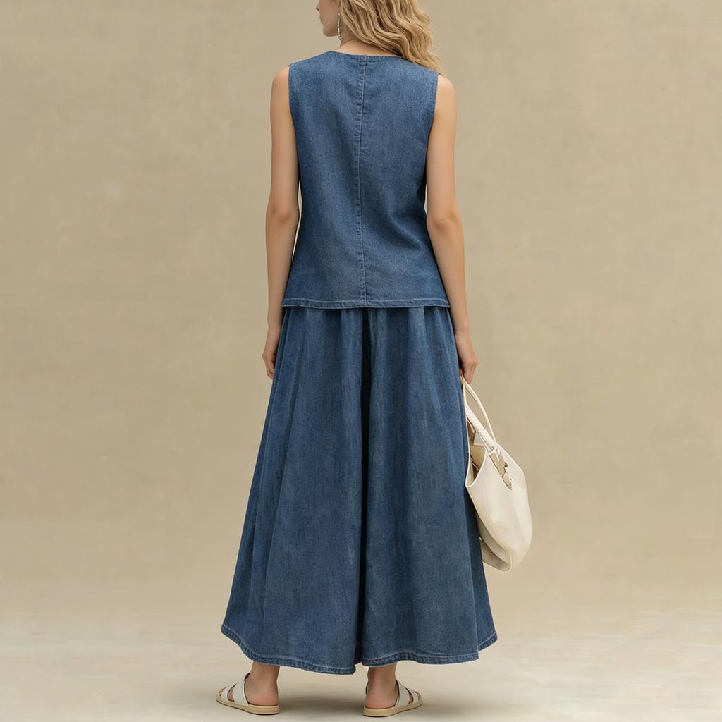 Completo in Denim da Donna: Top Casual Girocollo Senza Maniche Larga e Gonna a Vita Alta A-line