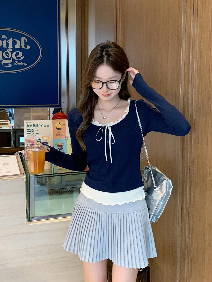 

Navy blue fungus edge long-sleeved t-shirt women s spring Korean design sense fake two-piece splicing backing inner top S темно-синий