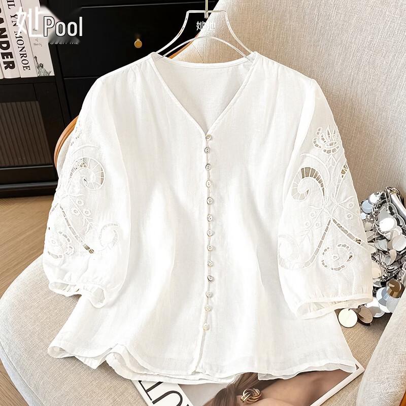 Lyocell Ramie Embroidered V-Neck Shirt L