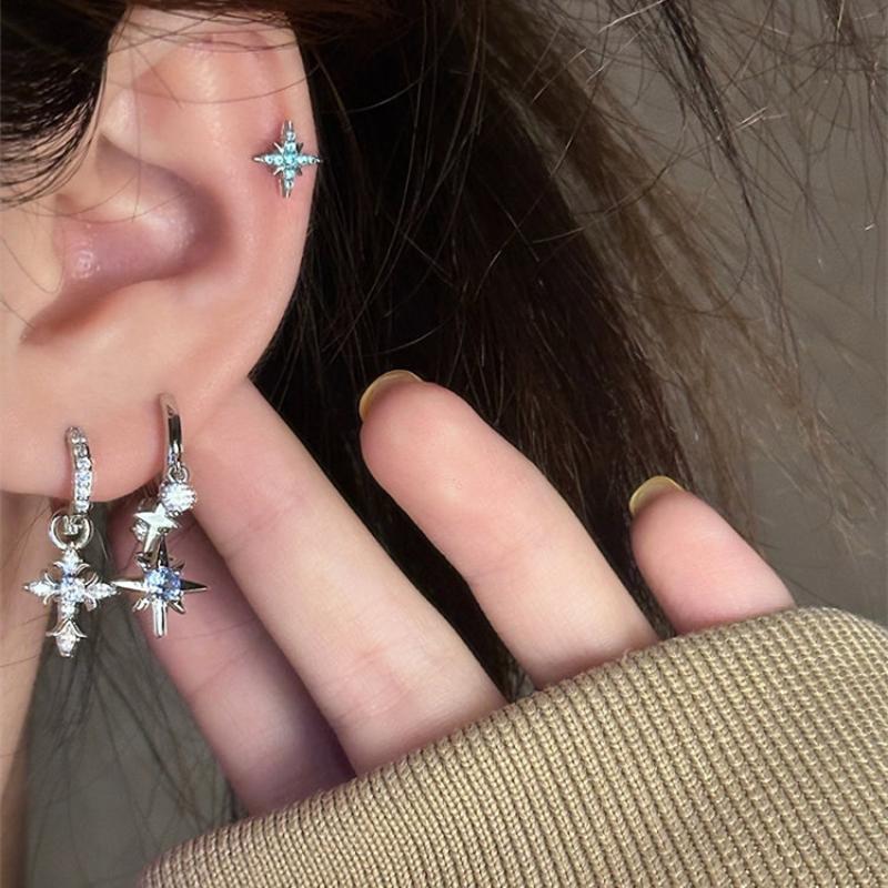 Blauer Zirkon Achtzackiger Stern Anhänger Ohrringe Für Frauen Silberfarbe Stern Quaste Ohrbügel Y2K Schmuck Geschenk