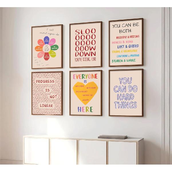 6Pcs Mental Health Wall Art Therapy Office Wall Decor Classroom Poster Motivational Pirational Quotes Pictures Boho Painting Positive Artwork Canvas