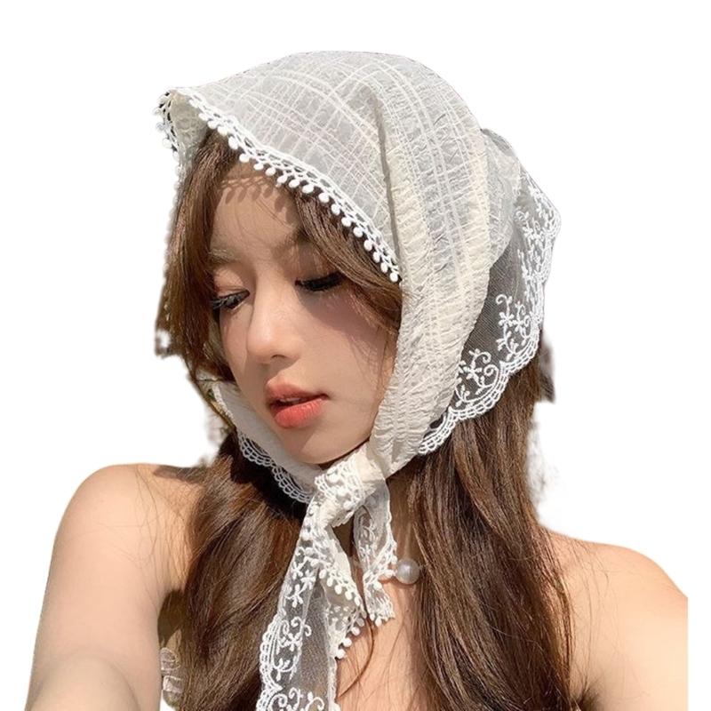 Triangular Head Scarf French Hair Bandana Tie Knotted Headscarf Vintage Headband Floral Lace Head Kerchief for Women