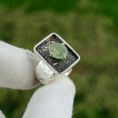 Natürlicher Prehnit Rohstein Stapelbarer Grüner Verstellbarer Ring 925 Silber