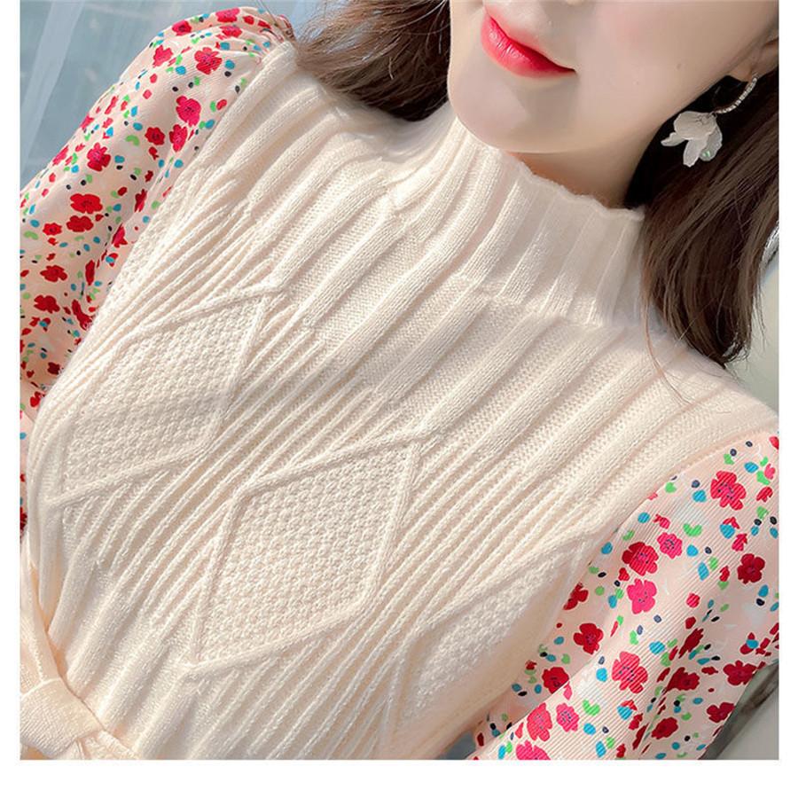 Autumn Sweater Dresses for Women Winter Splicing Pullover Bandage Slim Knitting Dress Sweet Corduroy Floral Print Dress