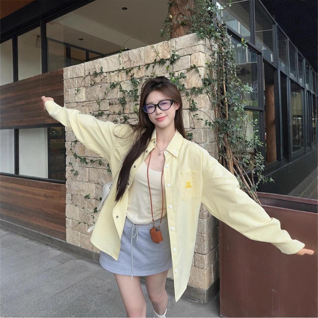 

Early Autumn Yellow Striped Shirt with Puppy Embroidery – Women s Loose Fit Sun Protection Jacket 2XL жовтий