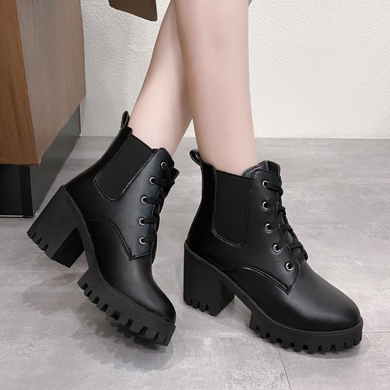 Fashion Women Retro Round Toe Chunky Heels Ankle Boots Autumn New High Heels Shoes Woman Lace Up Platform Short Booties Big Size 43