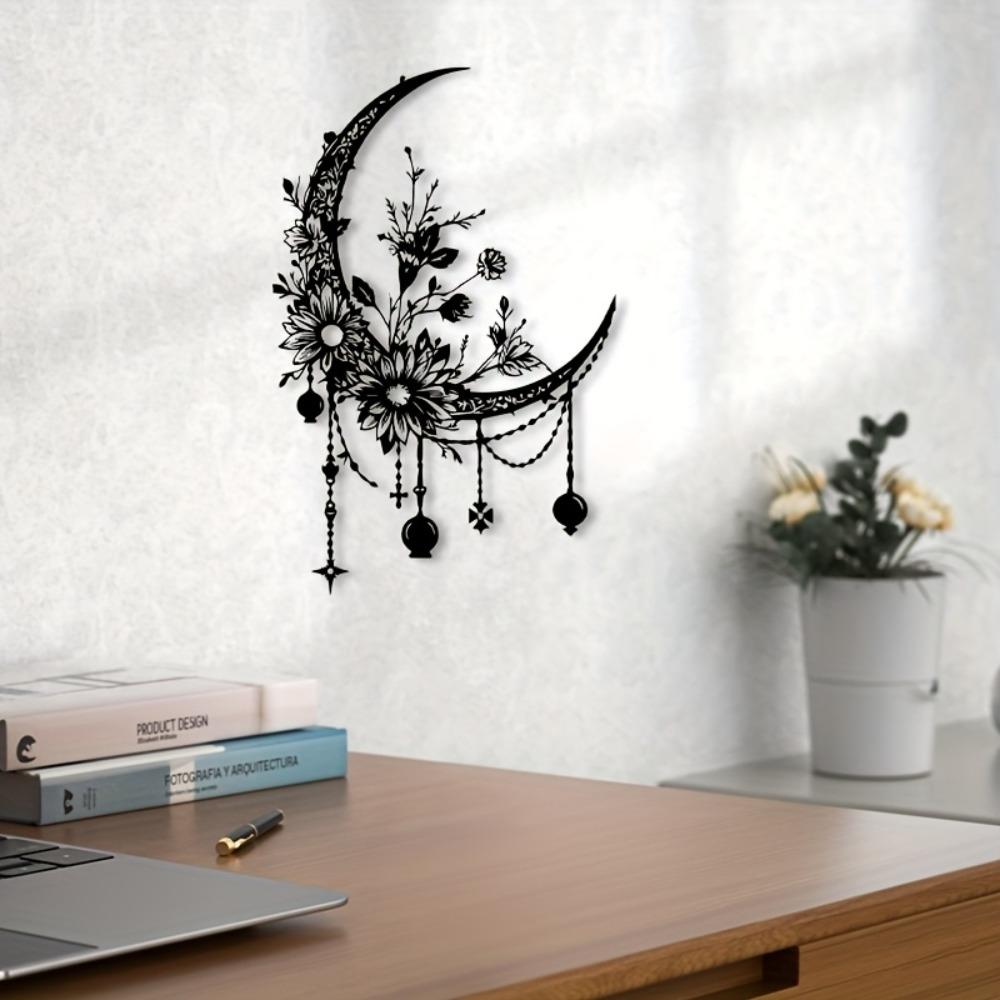 1pc Gothic Moon Flower Metal Wall Art Powder Coated Iron Mural Statue for Bedroom Halloween Decor Gift for Gothic Enthusiasts