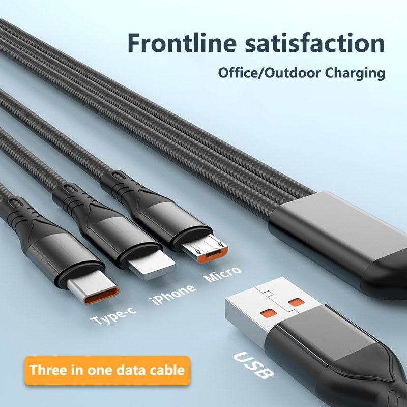Fast Cable 3in1 Data 66w Charging Mobile Phone Charging Cable Typec Iphone Android Super Fast Charging Cable