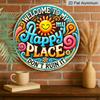 2D Flat, 1pc Welcome Vibes Round Aluminum Sign - "Welcome To My Happy Place" & "Don't Run It" Funny Quote Wall Decor, Vintage Retro Metal Art with