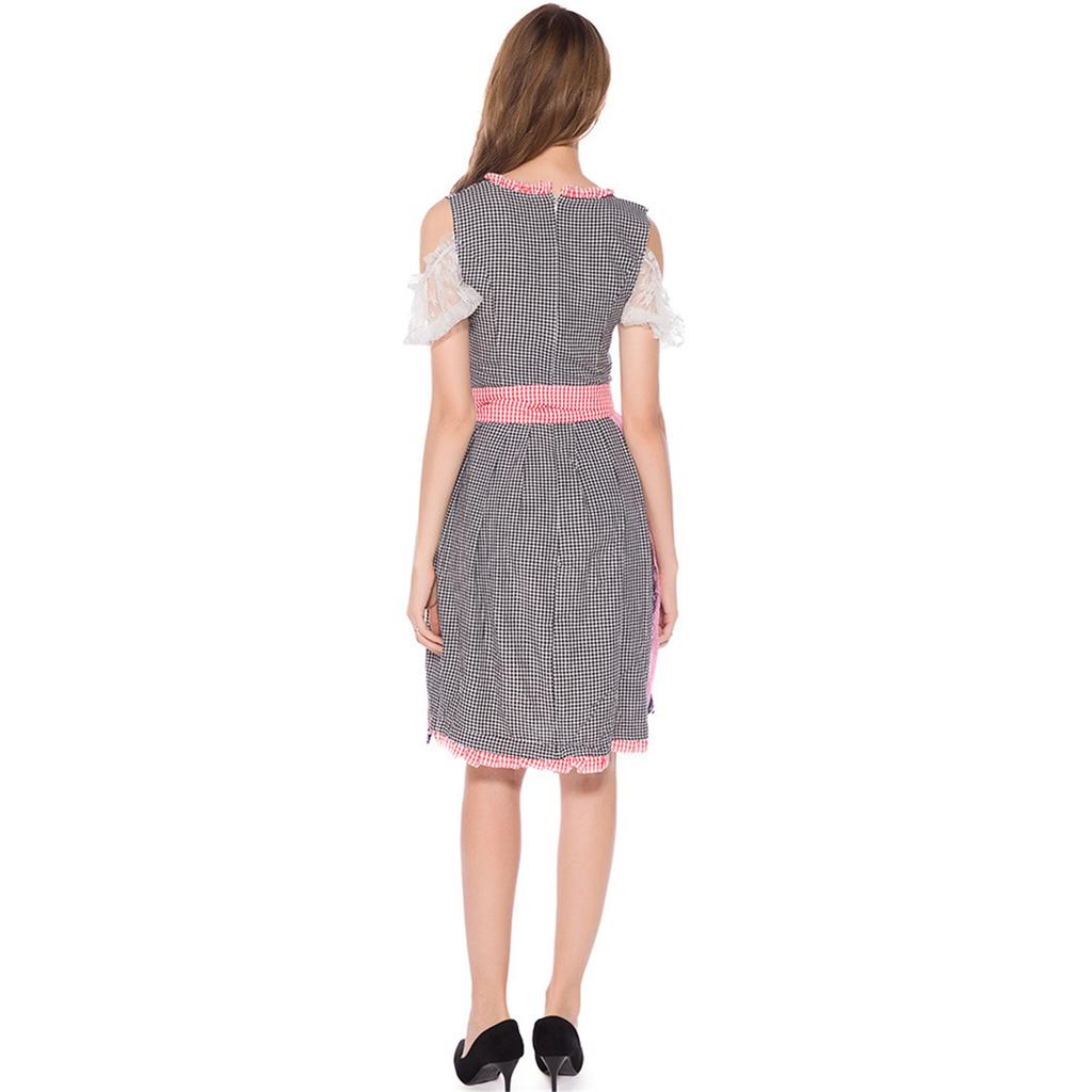 Traditional Style Oktoberfest Maid Dress German Munich Inspired Costume with Lace Up Bodice and Embroidered Apron for Women