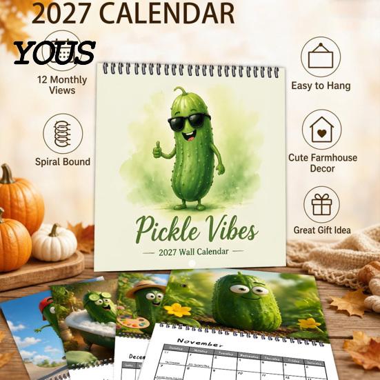 Thick Paper Monthly Organizer Pickle Wall Calendar 2027, Funny Pickled Cucumber Illustrations 12 Creative Art Planner Month Planner, Spiral