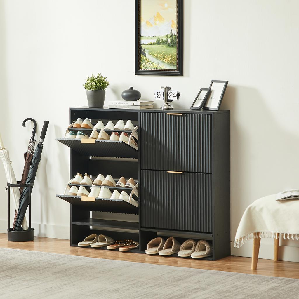 120 x 24 cm Shoe Cabinet with Grooved Front – Height-Adjustable with Anti-Tip Device and Decorative Table for the Hallway, in Black