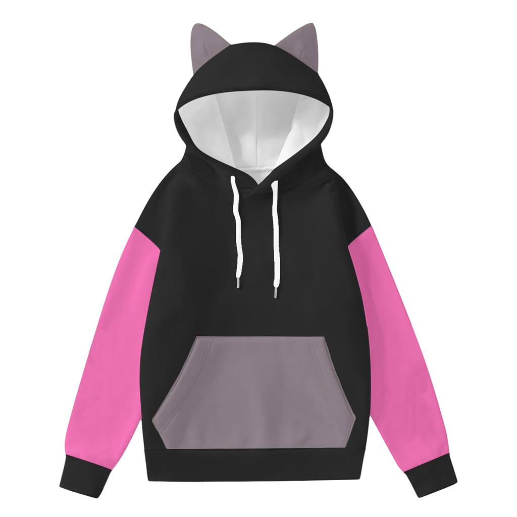 Women's Fashion Long-Sleeved Color-Blocked Printed Hooded Sweatshirt With Ears