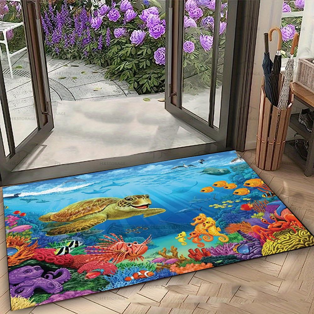 Lebendiger Meeresleben Fußmatte mit Meeresschildkröten und tropischen Fischen Rutschfester Boden Teppich für Eingang Heim Dekorative Matte