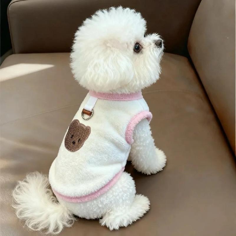 New Soft Dog Sweater Teddy Style Cute Bear Pattern Cat Hoodies with Leash Hook Warmth Design Pet Clothes Cold Weather