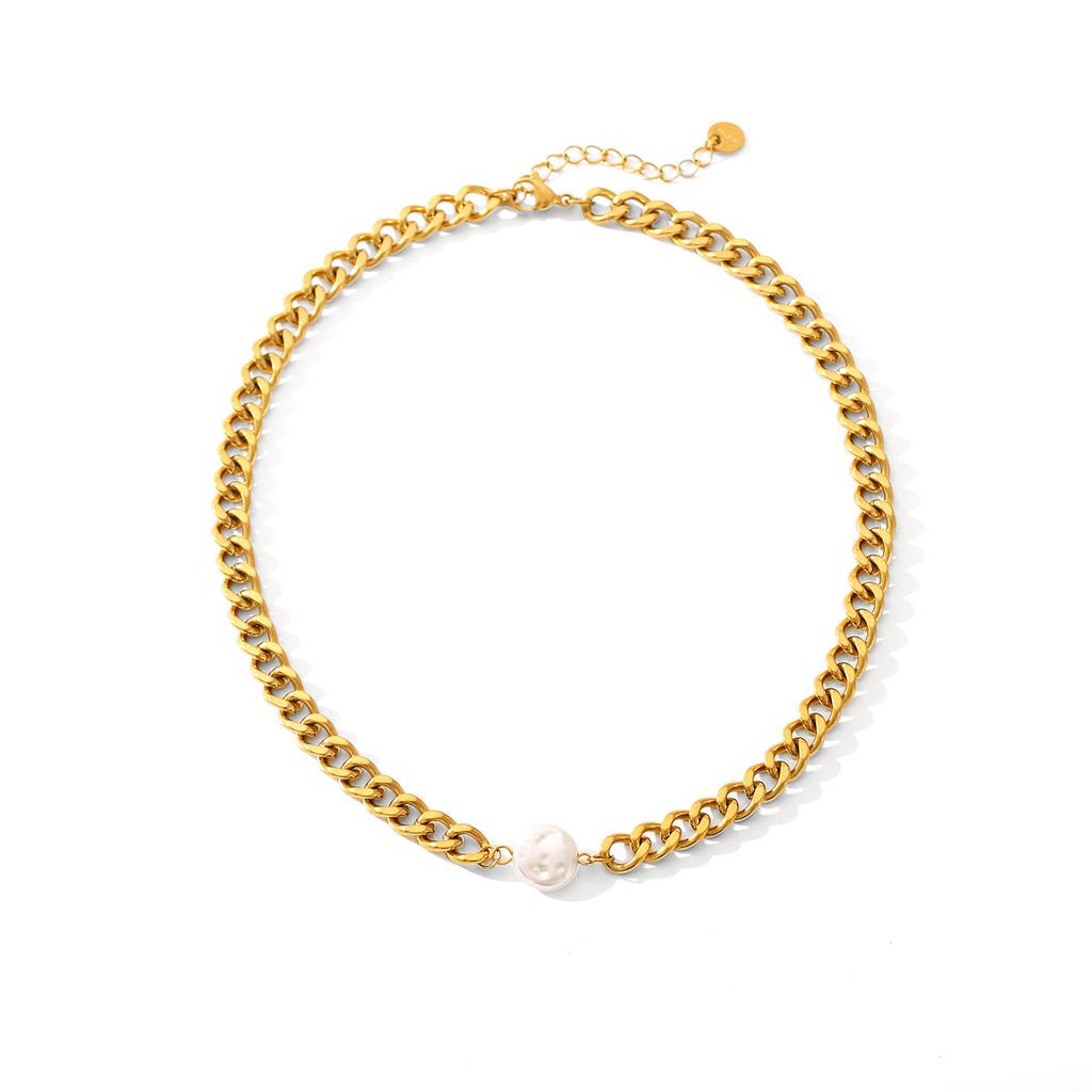 Stainless Steel Cuban Chain Necklace for Women, Non-fading, Premium Style, Elegant Pearl Pendant Neck Chain