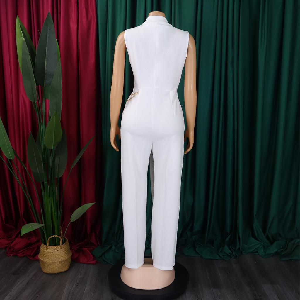 Women's Elegant and Elegant Suit Collar Waist Chain Loose Wide Leg Jumpsuit