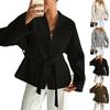Women's Casual And Fashion V-Neck Strapped Long Sleeve Solid Color Coat