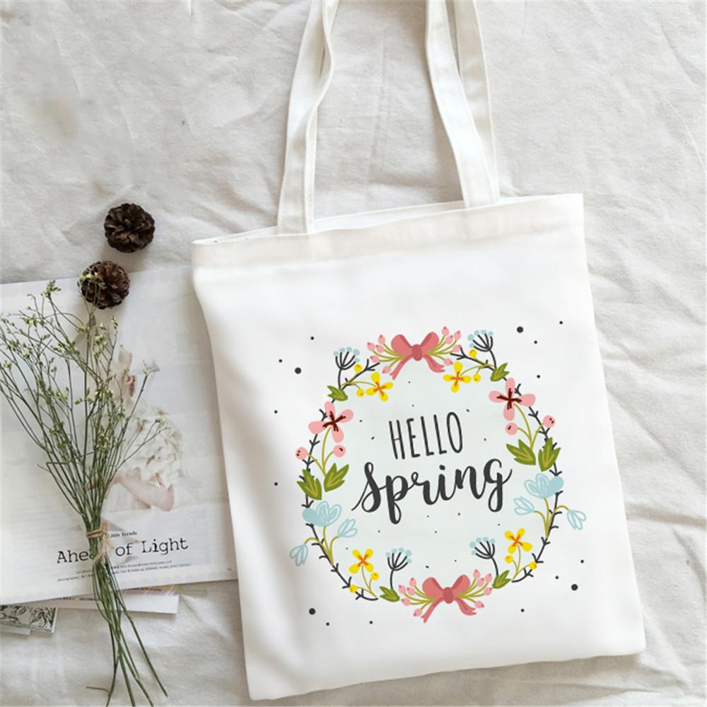 Dobrý den Jarní Květiny Potisk Nákupní Taška Ženy Plátěná Taška přes Rameno Ulzzang Eko Velkokapacitní Dámská Nákupní Taška Kabelka