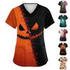 Women V Neck Short Sleeve Work Top with Dual Side Slits and Pockets Halloween Themed Printed Blouse Comfortable Fit